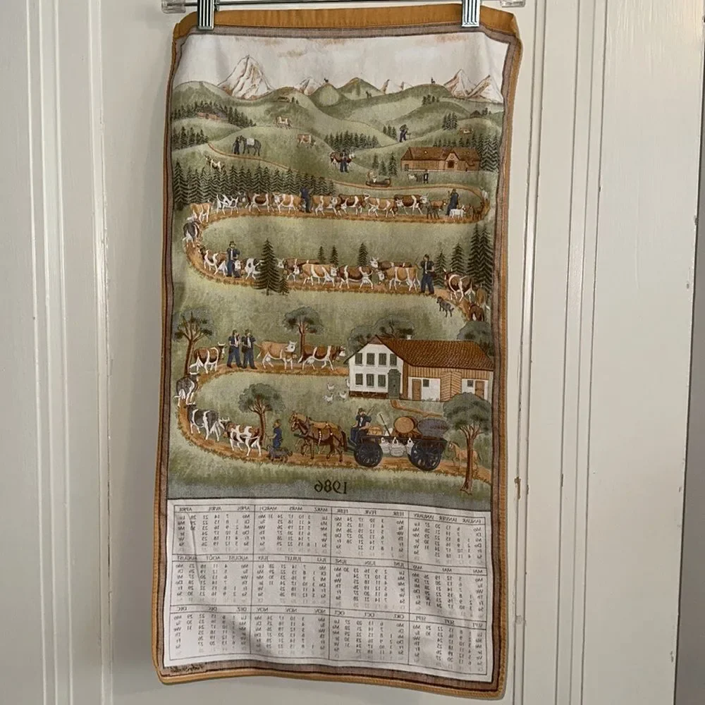 Vintage 1986 Fisby-Stoffels calendar tea towel with European scene of‎ cows